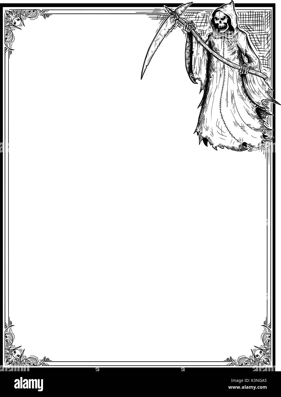Disegno a mano cartoon Halloween frame con Grim Reaper nel cofano con la falce. Illustrazione Vettoriale