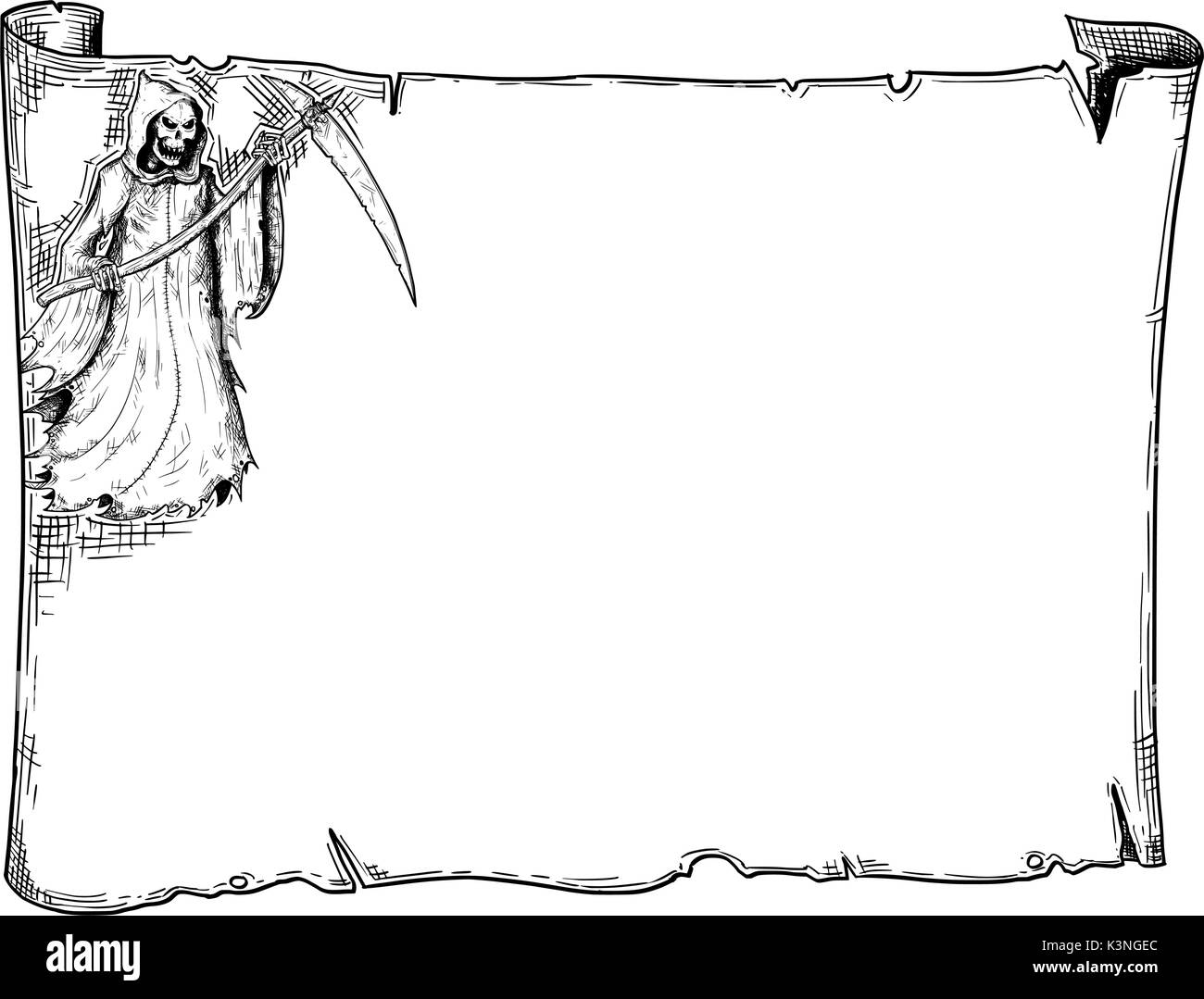 Disegno a mano cartoon Halloween di scorrimento del telaio foglio di pergamena con Grim Reaper illustrazioni. Illustrazione Vettoriale