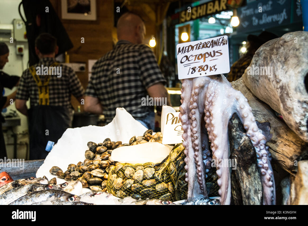 Close-up di un polipo in un pescivendolo stallo a Borough Market, London, SE1, Regno Unito Foto Stock