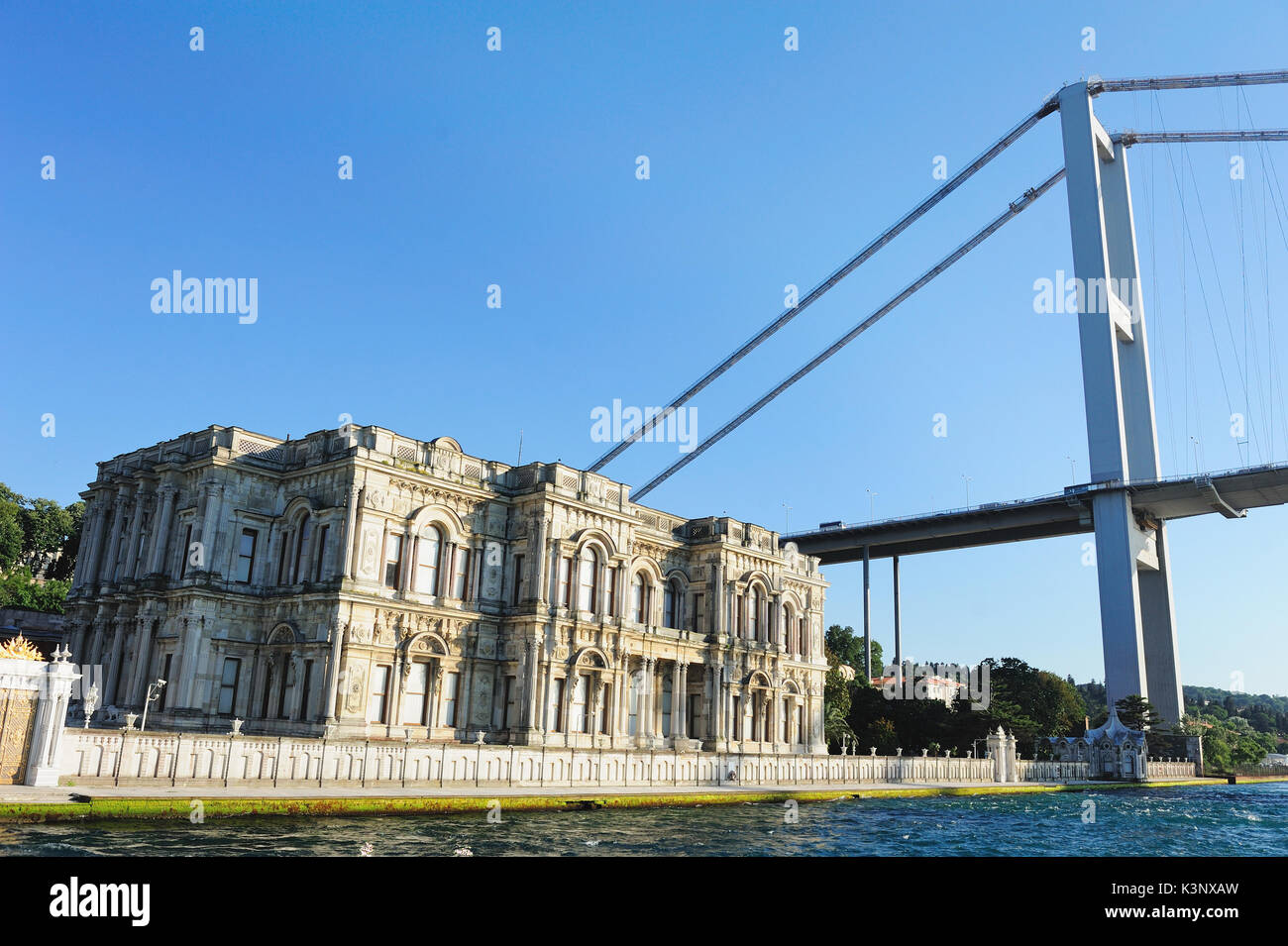 Palazzo Dolmabahce e Ponte sul Bosforo a Istanbul, Turchia. Foto Stock