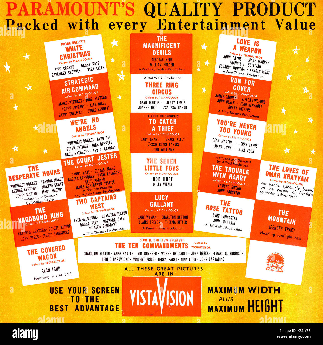 Pubblicità per la Paramount rilascia CON IL VISTAVISION processo la funzione pubblicizzata magnifico Devils è stato probabilmente rilasciato come il fiero e profano [US 1956}, l'amore è un'arma è stata rilasciata come Hell's Island [US 1955,due Capitani West è stato rilasciato come lontani orizzonti [US 1955], il carro coperto con Alan Ladd non sembrano essere stati fatti. Data: 1955 Foto Stock