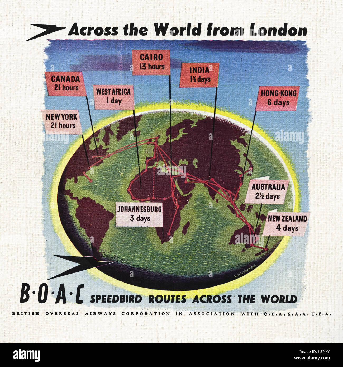 1940s vecchio vintage originale inserzione pubblicitaria speedbird BOAC rotte in tutto il mondo nella rivista circa 1947 quando i materiali di consumo sono state ancora limitato sotto post-razionamento di guerra Foto Stock