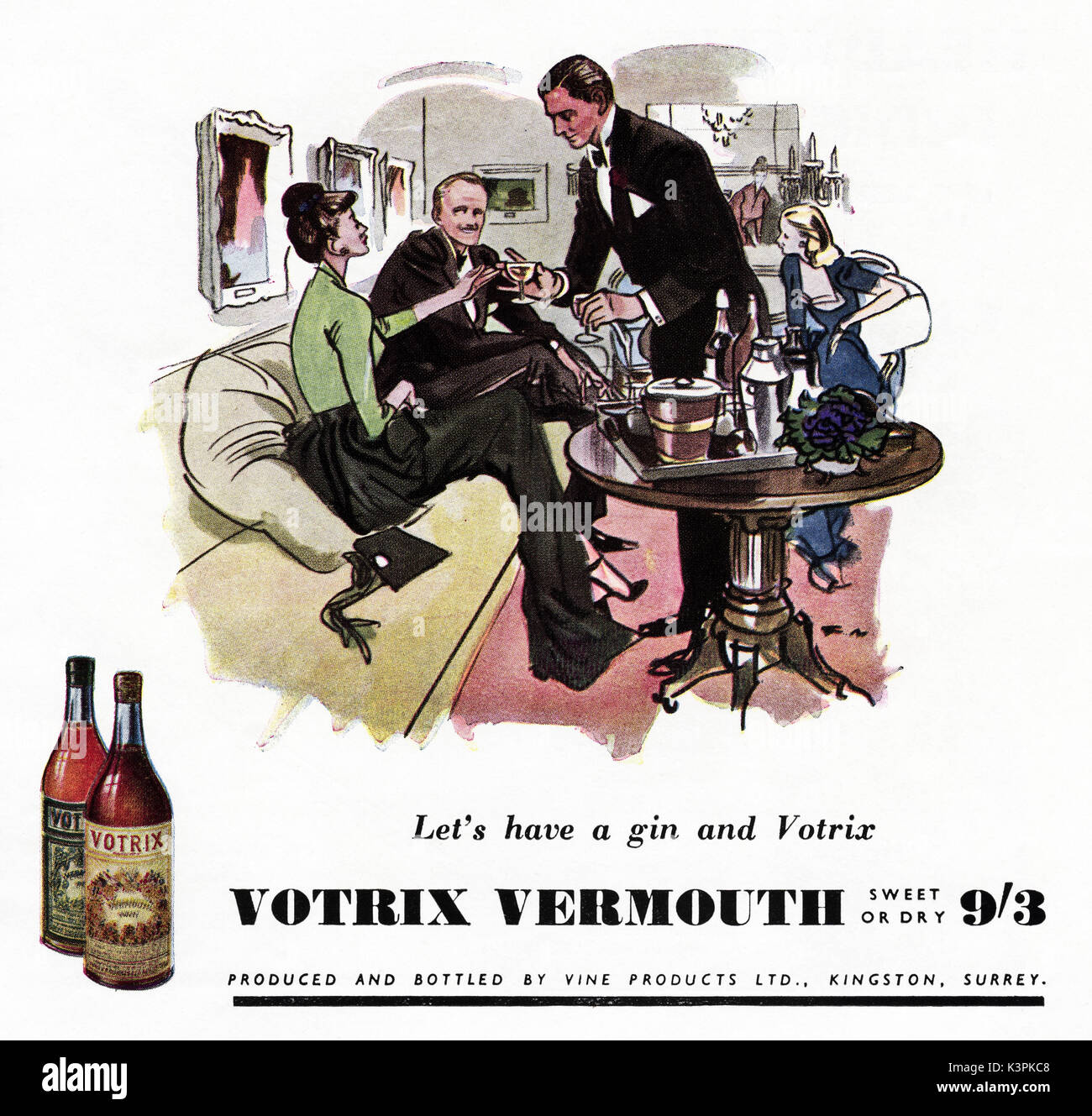1940s vecchio vintage originale inserzione pubblicitaria di Vermouth Votrix nella rivista circa 1947 quando i materiali di consumo sono state ancora limitato sotto post-razionamento di guerra Foto Stock
