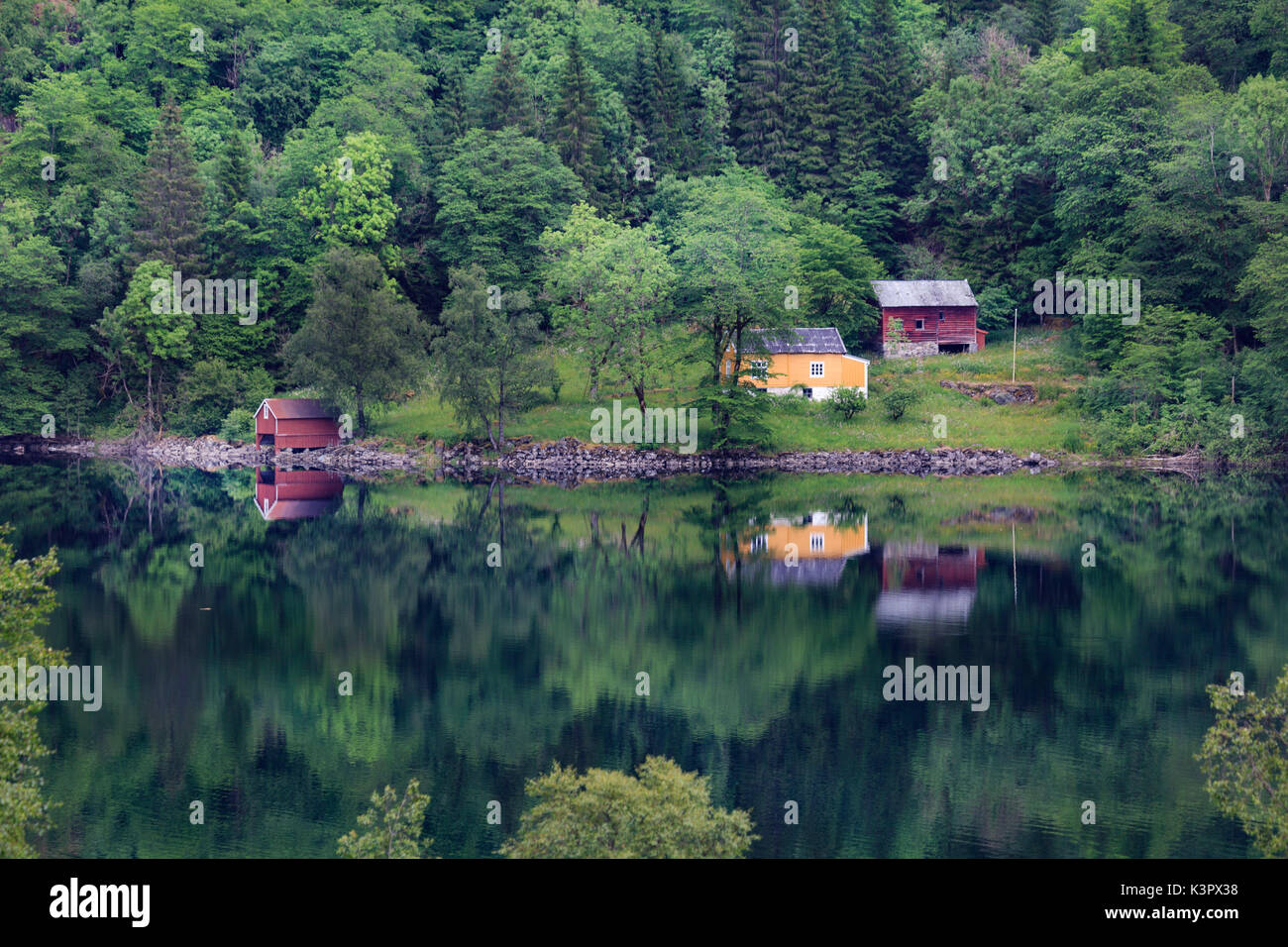 Perfetto riflesso di alcune tipiche case di norvegia in un lago in tarda primavera, nei pressi di Bergen, Norvegia Foto Stock