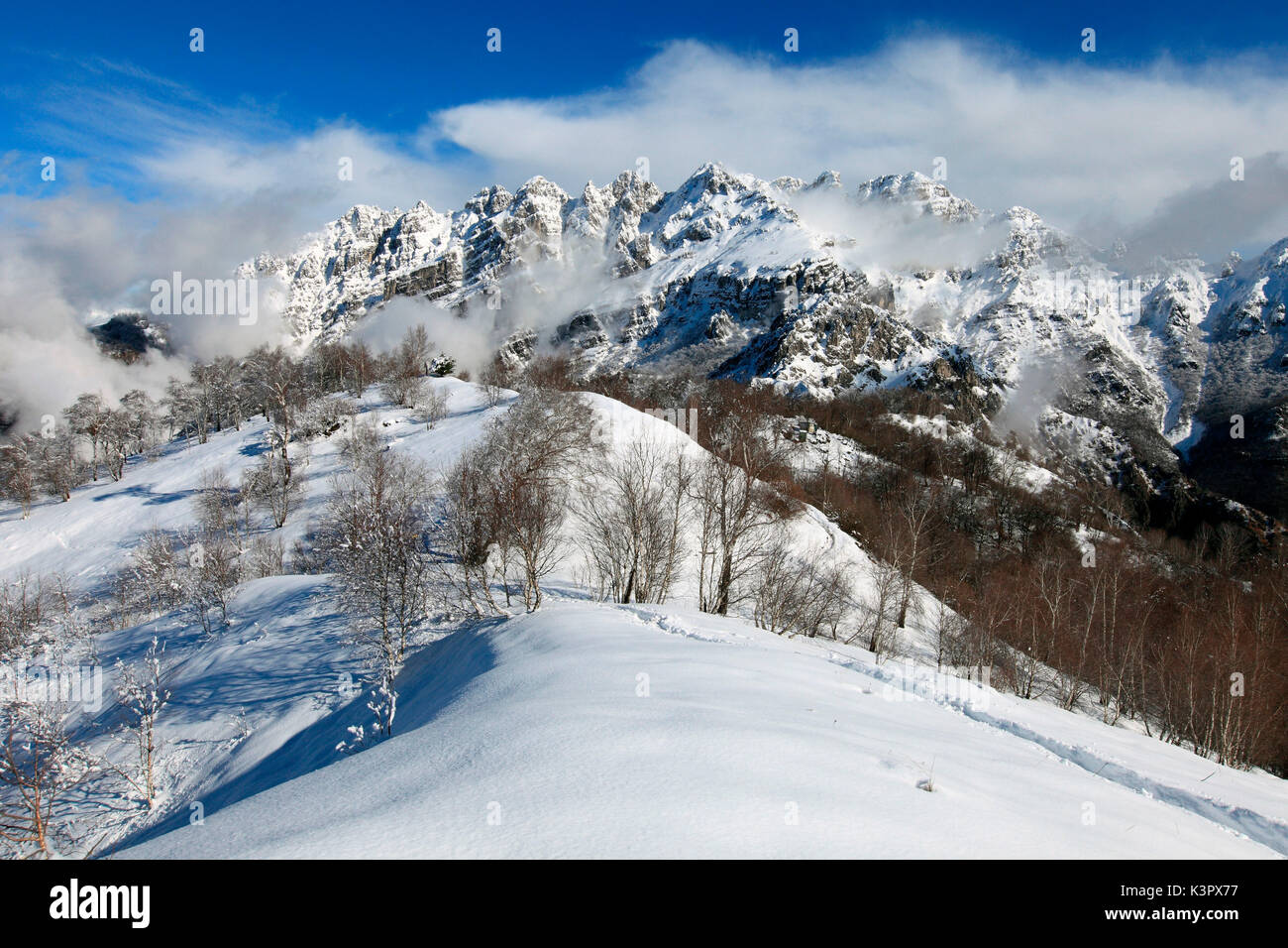 Il particolare visto-come il profilo del monte Resegone, al di sopra di Lecco, visto dal Monte Magnodeno ridge, in una soleggiata giornata invernale, provincia di Lecco, Lombardia, Italia Foto Stock