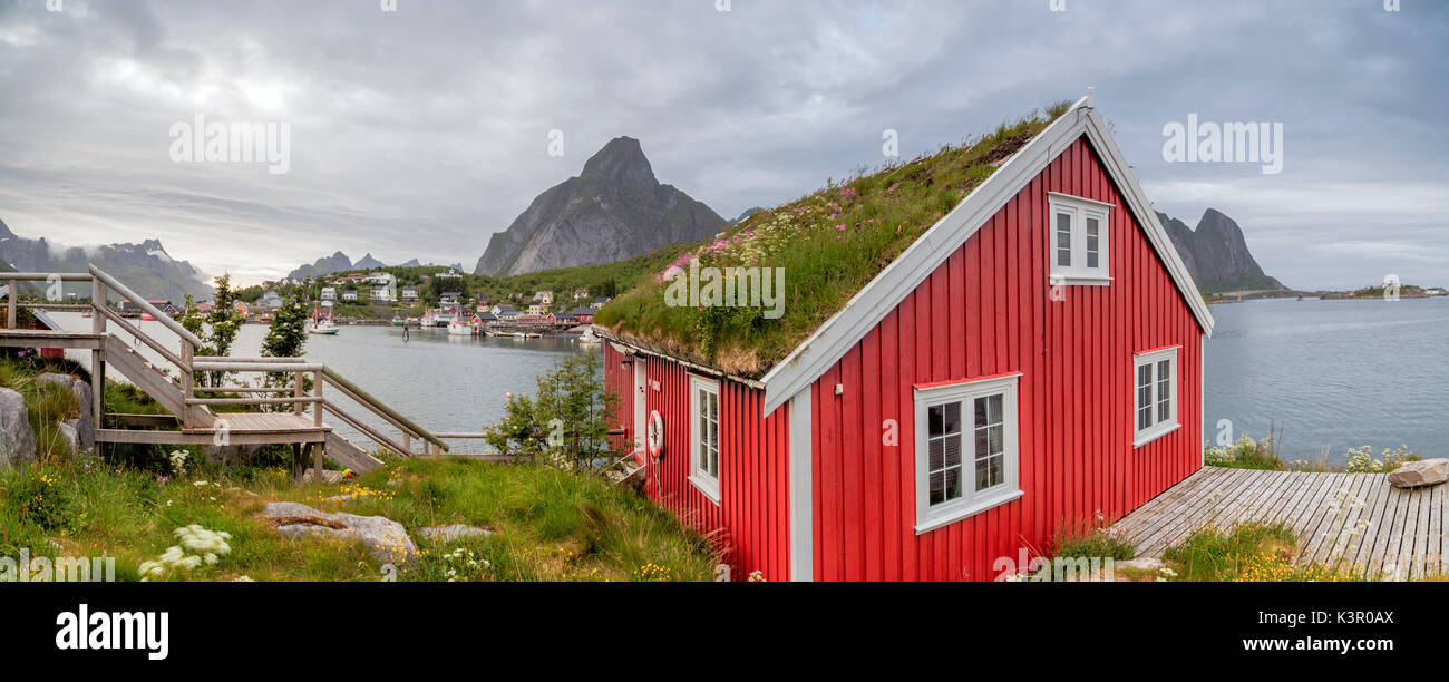 Panoramica della configurazione tipica Rorbu circondato da erba e mare Reine Nordland county Isole Lofoten Norvegia del Nord Europa Foto Stock