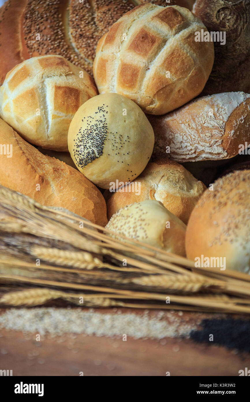 Grande varietà di pane prodotte in Valtellina. Lombardia. L'Italia. Europa Foto Stock