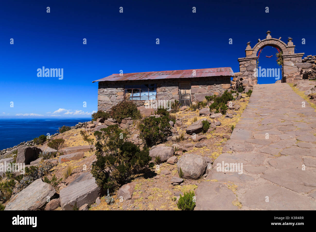 Isla Taquile sul lato peruviano del lago Titicaca, Perù, Sud America Foto Stock