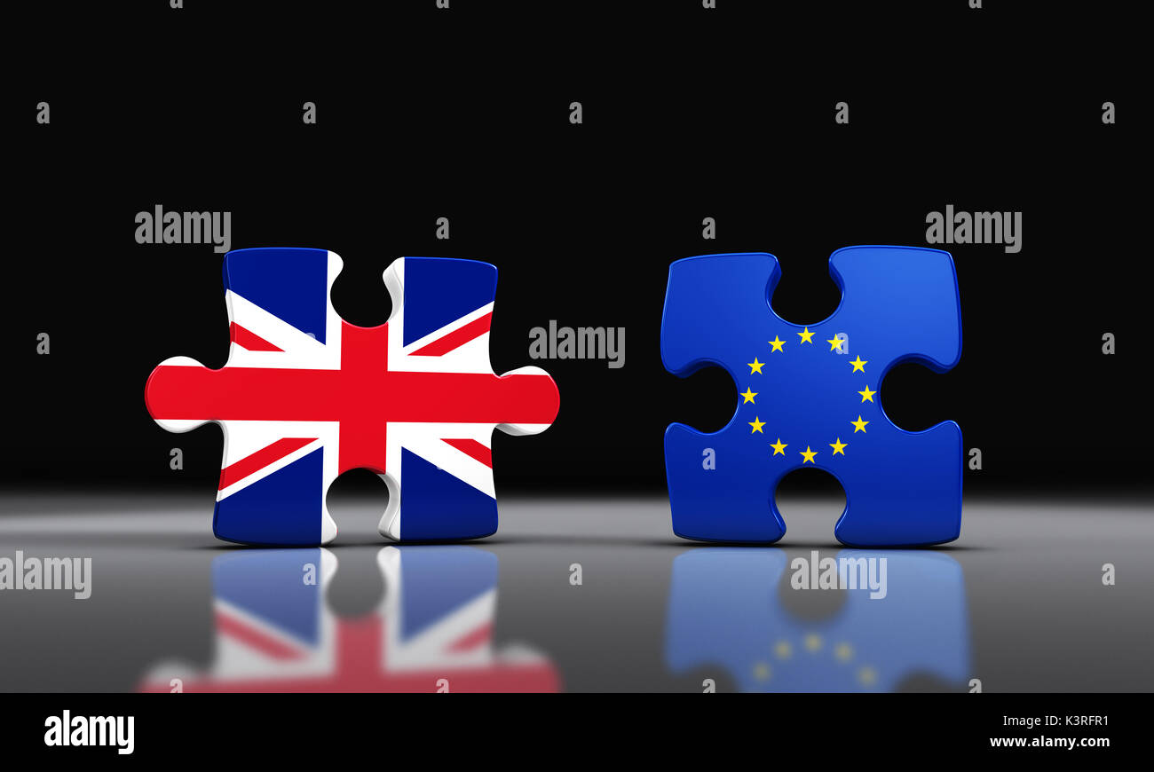 La Gran Bretagna Brexit uscire dall'Unione europea concetto con Union Jack e bandiera UE su separati i pezzi del puzzle 3D'illustrazione. Foto Stock