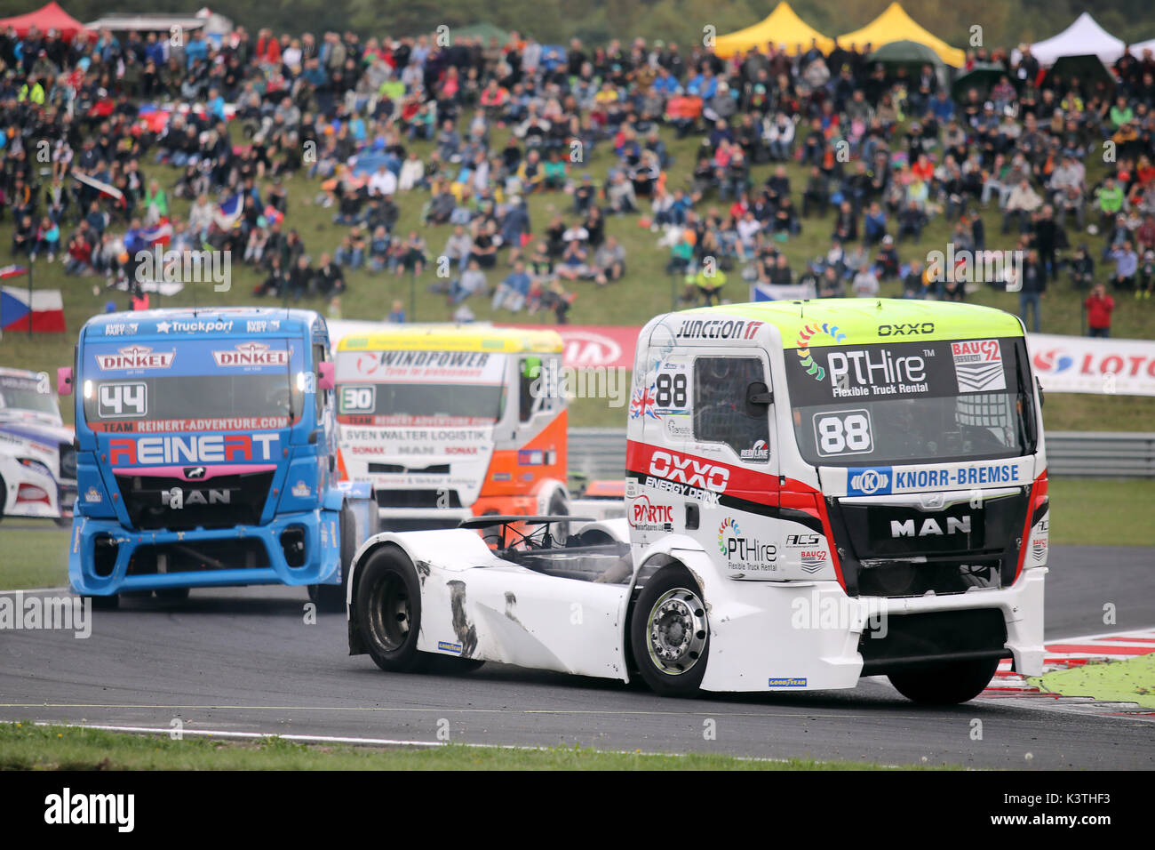 La maggior parte, Repubblica Ceca. 02Sep, 2017. European Truck Racing Championship (ETRC) evento ha avuto luogo in più, Repubblica Ceca, 2 settembre 2017. R-L Ryan Smith, Stephanie Halm e Sascha Lenz. Credito: Ondrej Hajek/CTK foto/Alamy Live News Foto Stock