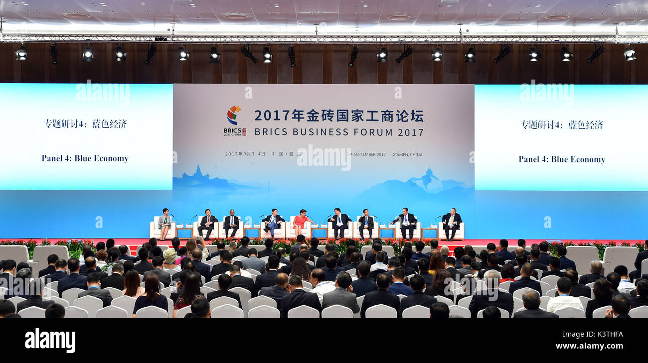 Xiamen, cinese della provincia del Fujian. 4 Sep, 2017. Un panel di discussione su economia blu si è svolta durante il BRICS Business Forum di Xiamen, a sud-est della Cina di provincia del Fujian, Sett. 4, 2017. Credito: Li Xin/Xinhua/Alamy Live News Foto Stock