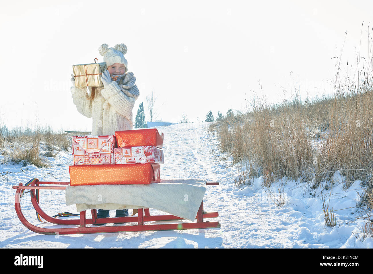 Grill con slitta piena di regali scuote confezione regalo in inverno Foto Stock