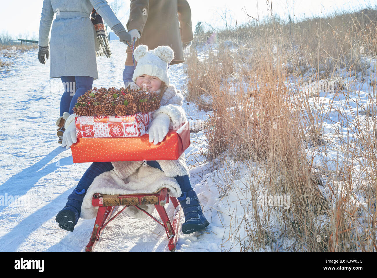 Famiglia offrendo regali di natale con slitta in inverno Foto Stock