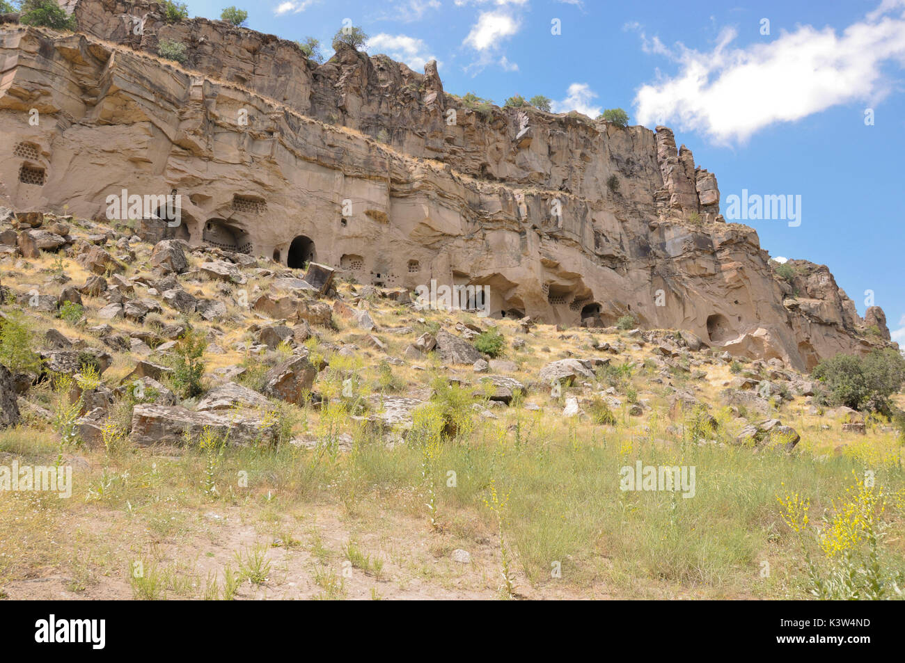 La Valle di Ihlara in Turchia, Kappadokia, è lunga 14 km da Ihlara di Salime. Questa valle è profondit 100-150 m e lungo di essa sono presenti tombe, le chiese e i rifugi scavati nella roccia. Foto Stock