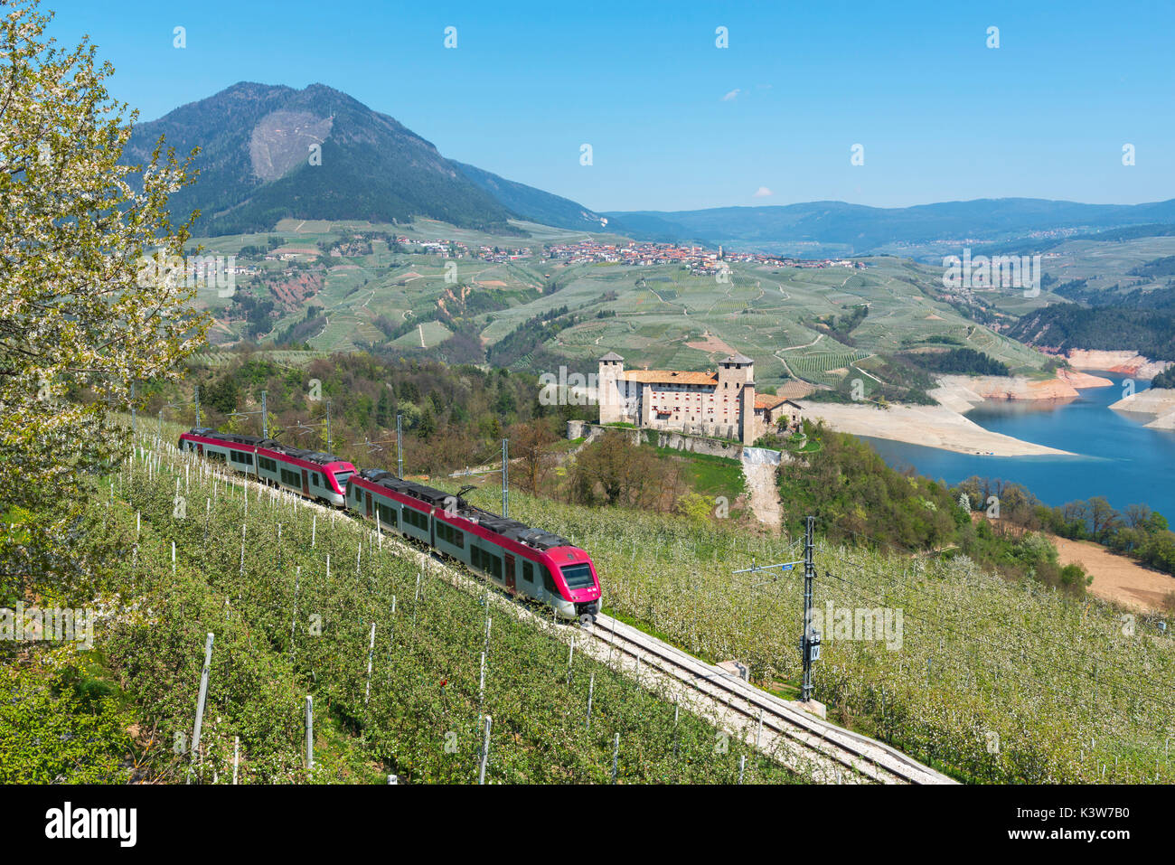 L'Italia, Trentino Alto Adige, il treno della Val di Non presso il castello di Cles. Foto Stock