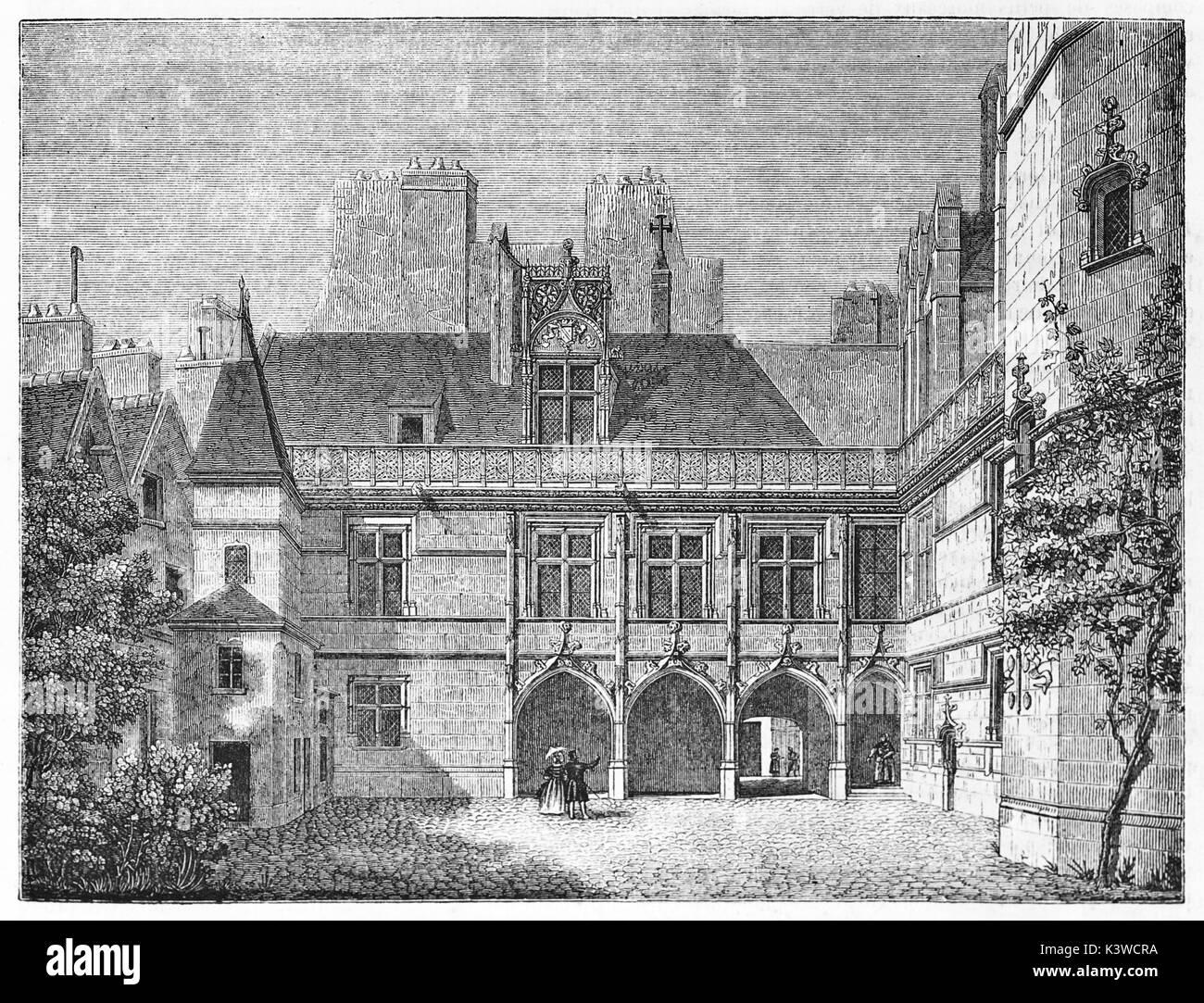 Vecchia illustrazione del Hotel de Cluny cortile, Parigi. Da autore non identificato, pubblicato il Magasin pittoresco, Parigi, 1841 Foto Stock