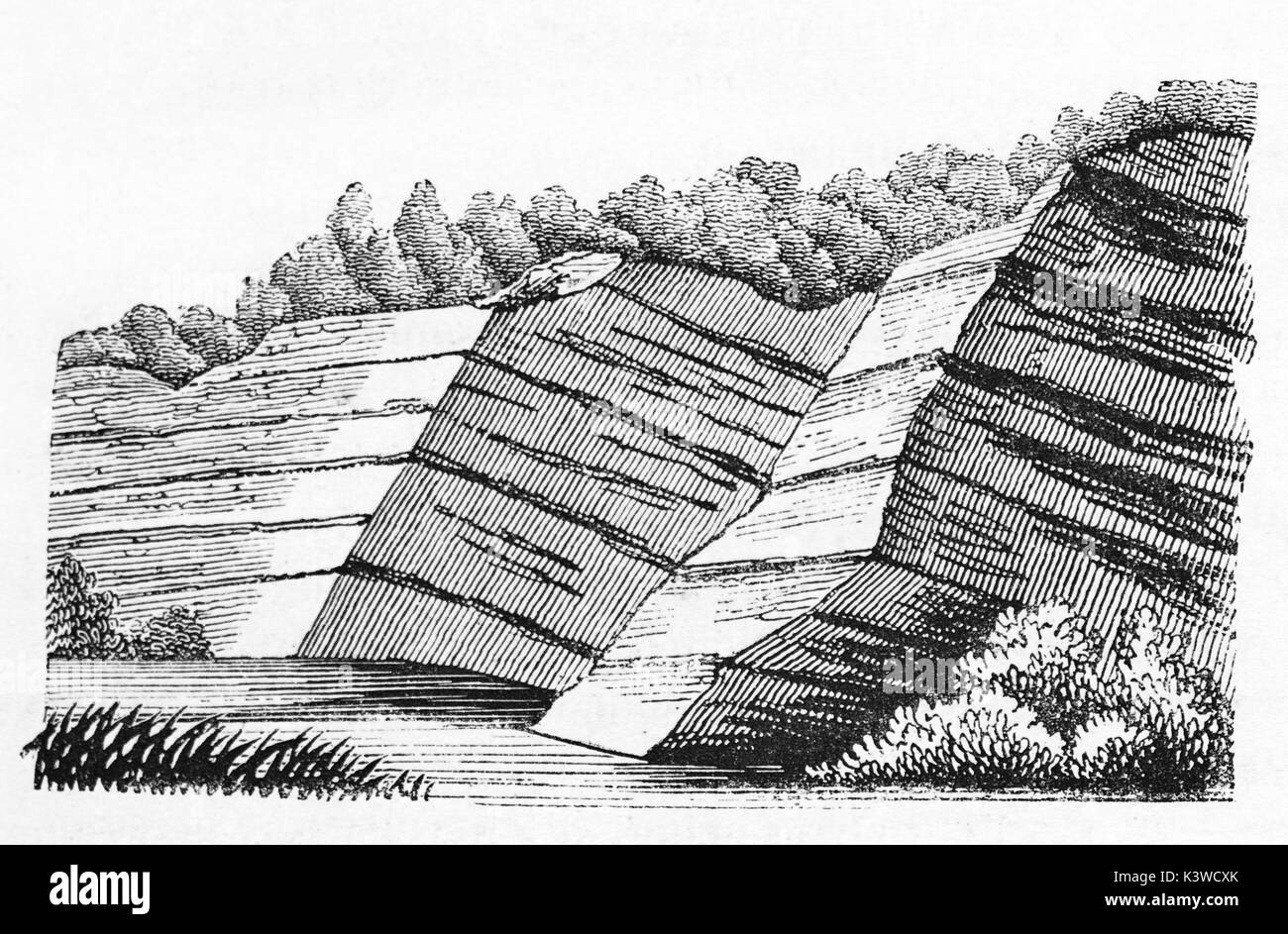 Vecchia illustrazione geologica di strati livellata scarpata. Da autore non identificato, pubblicato il Magasin pittoresco, Parigi, 1841 Foto Stock