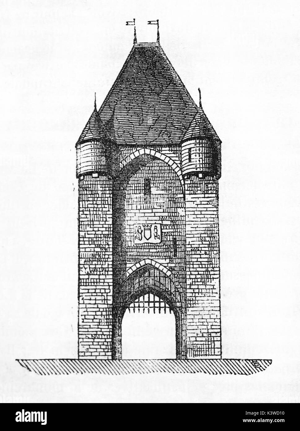 Vecchia illustrazione di Moret-sur-Loing gate, Seine et Marne, Ile-de-France. Da autore non identificato, pubblicato il Magasin pittoresco, Parigi, 1841 Foto Stock