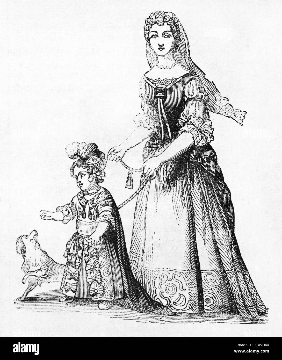 Vecchia illustrazione di una donna che accompagna un bambino per una passeggiata. da autore non identificato, pubblicato il magasin pittoresco, Parigi, 1841 Foto Stock