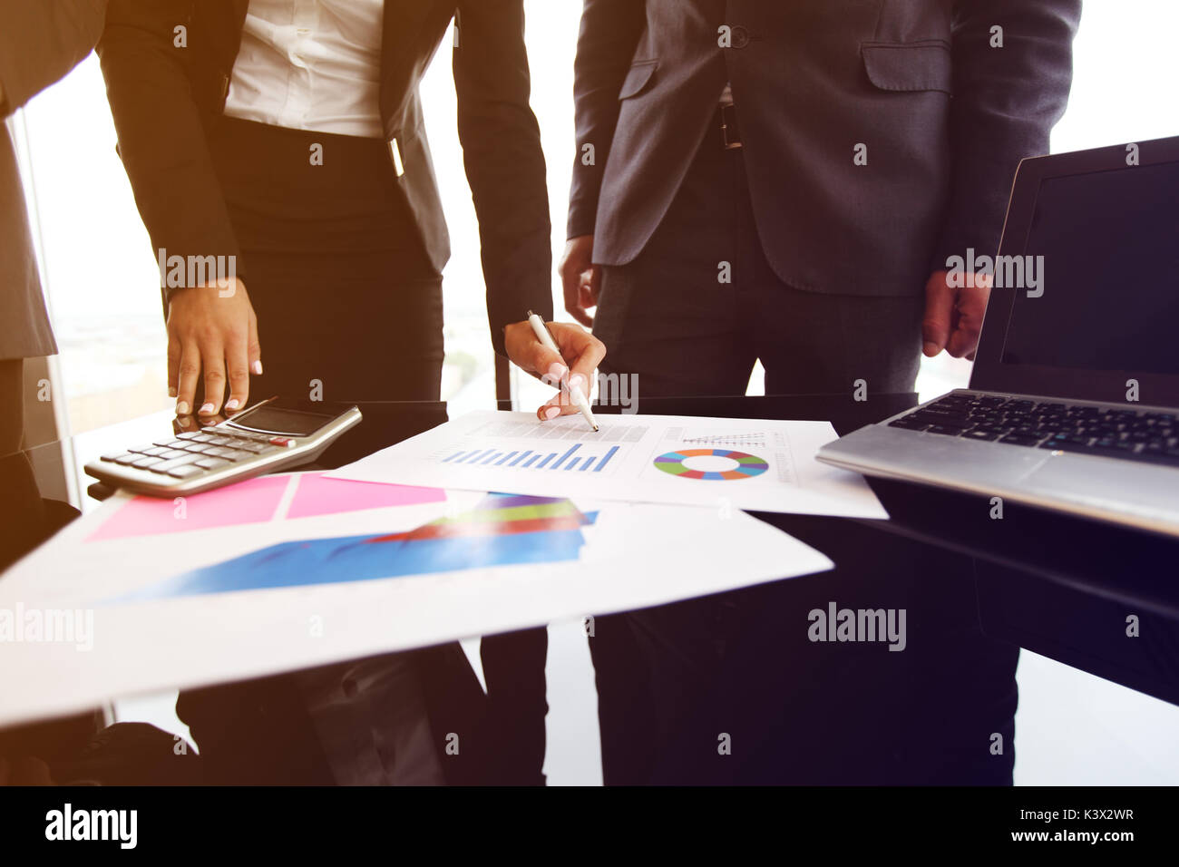 Gruppo misto di persone in riunione aziendale lavora con documenti e computer Foto Stock