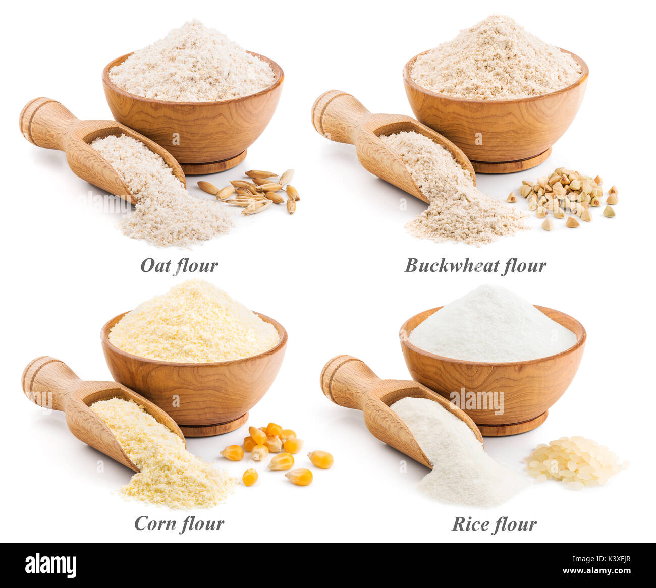 Raccolta di tutta la farina di grano isolato su bianco Foto Stock
