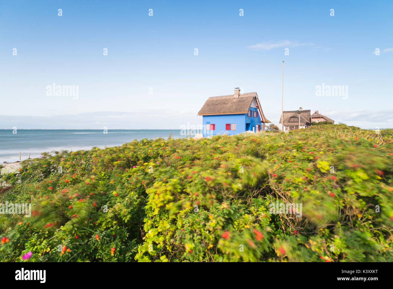 Historisches Strandhaus mit blauer Fassade und Reetdach auf der Halbinsel Graswarder an der Ostseeküste bei Heiligenhafen in Schleswig-Holstein, Deuts Foto Stock