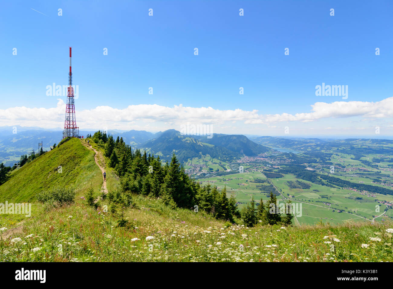 Mountain Summit Grünten Hochwartspitze, trasmettitore, vista, Immenstadt Immenstadt, Schwaben, Algovia, Svevia, Baviera, Baviera, Germania Foto Stock