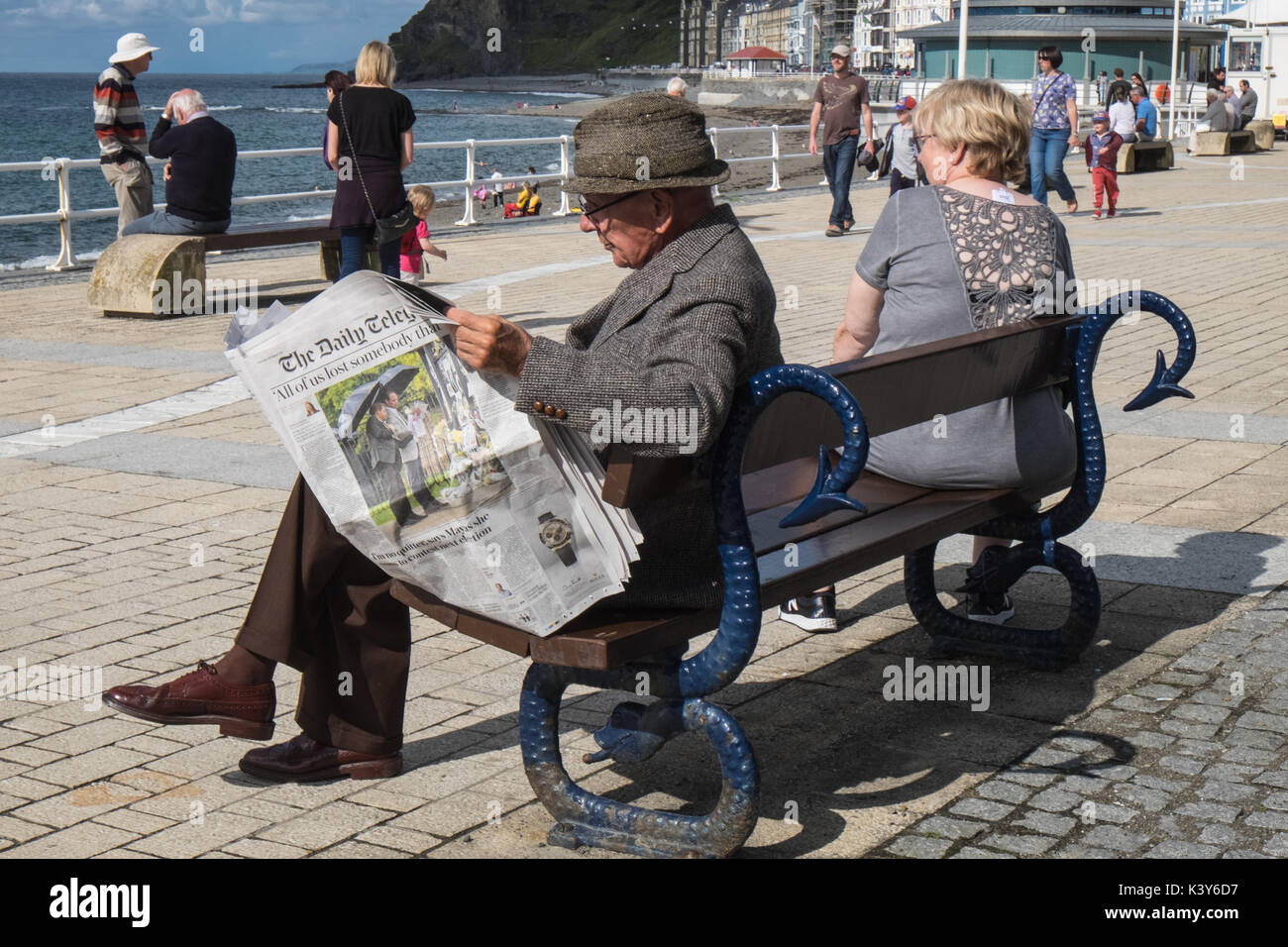 Daily Telegraph,reader,Aberystwyth,popolare,Welsh,Università,città,e,coastal,costa,mare,resort,Cardigan Bay,Ceredigion,metà,west,Galles,U.K.,l'Europa, Foto Stock