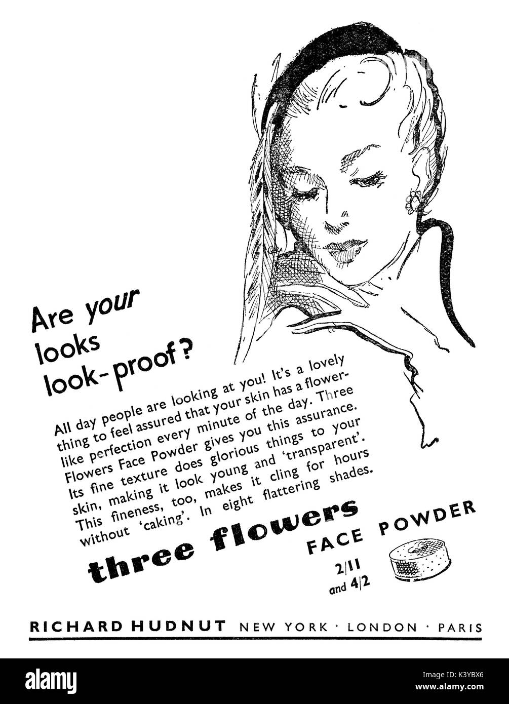 1950 British pubblicità per tre fiori cipria da Richard Hudnut. Foto Stock