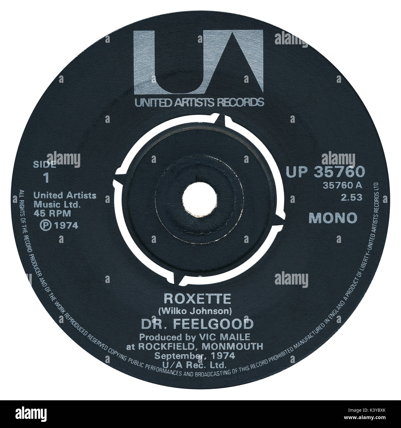 45 RPM 7' UK etichetta discografica di Roxette dal Dr Feelgood su United Artists etichetta dal 1974. Scritto da Wilko Johnson e prodotta da Vic Maile. Foto Stock