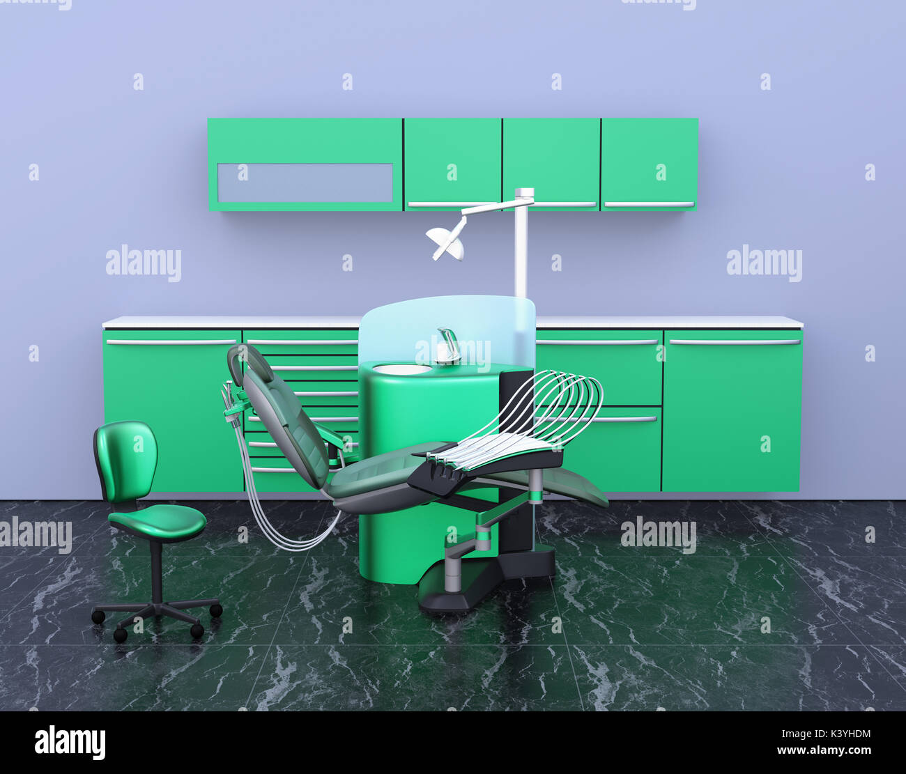 Studio Dentistico interno con verde metallizzato apparecchiatura di unità e armadio. Il rendering 3D'immagine. Foto Stock