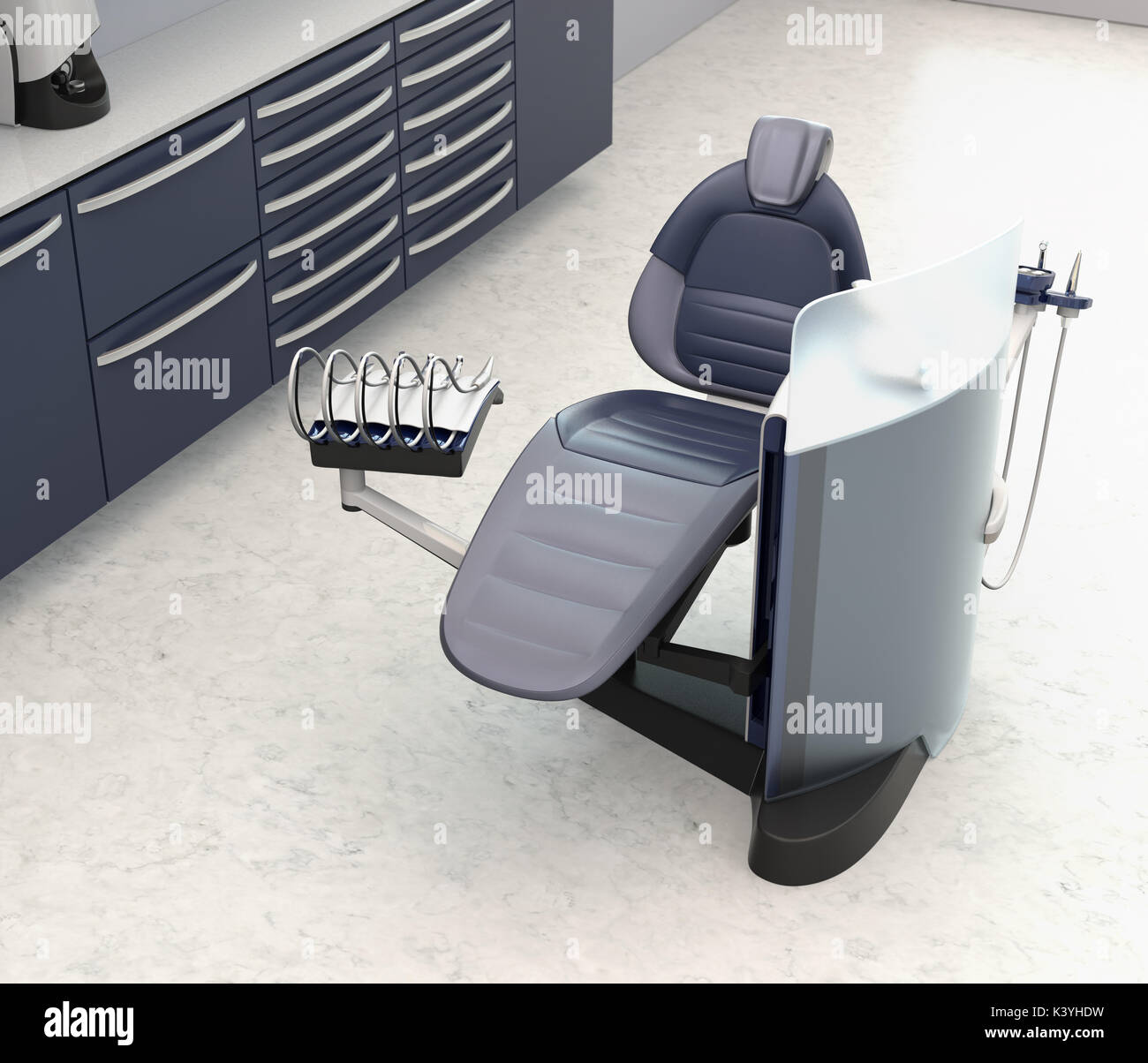 Studio Dentistico interno con blu metallizzato di apparecchiatura di unità e armadio. Il rendering 3D'immagine. Foto Stock