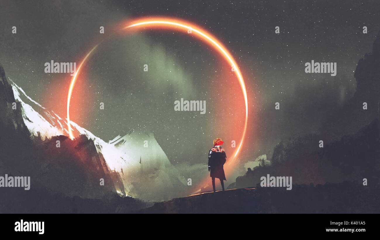 Uomo in piedi di fronte a luce rossa circle, arte digitale stile, illustrazione pittura Foto Stock