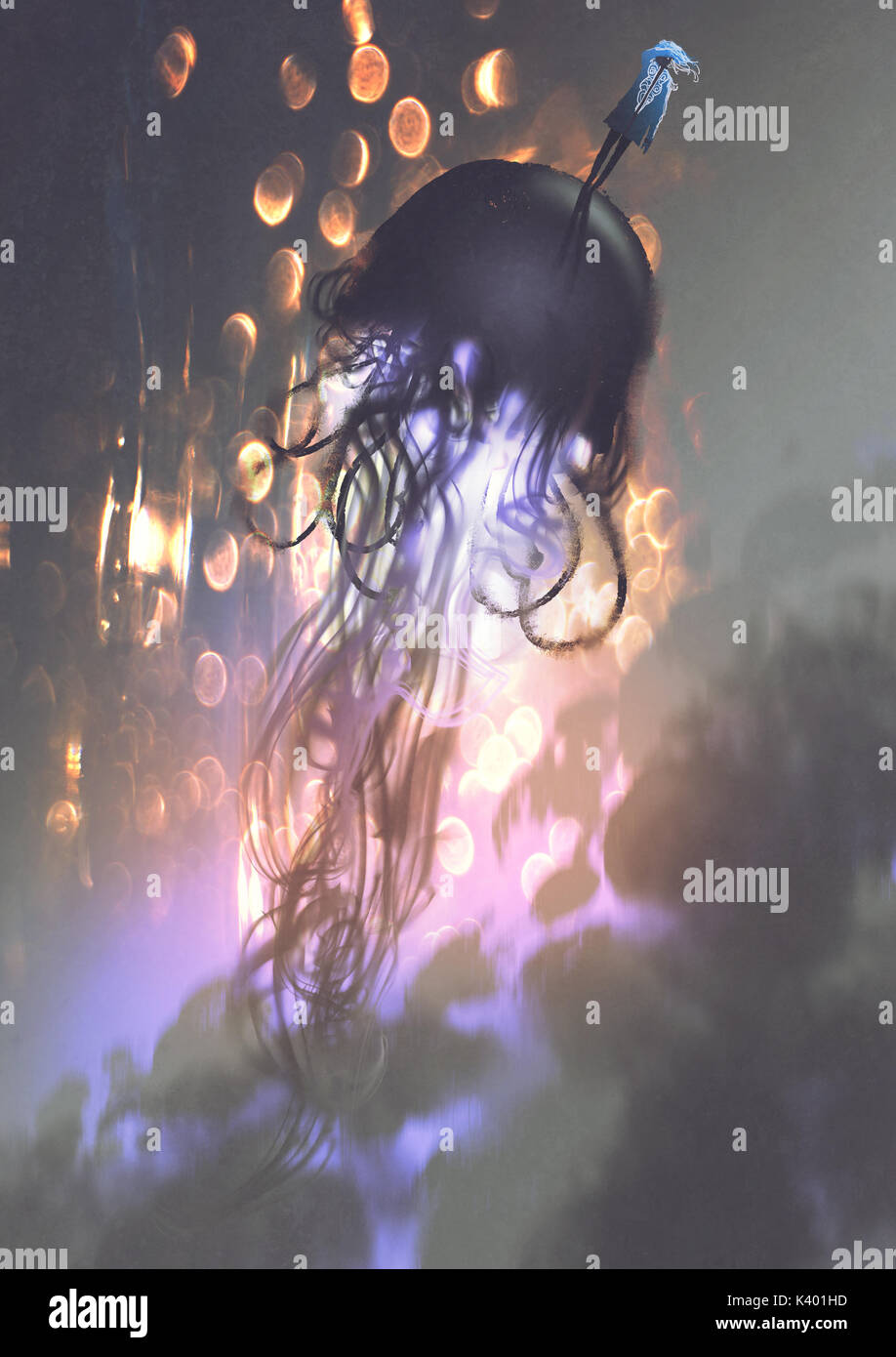 L'uomo e la grande meduse galleggianti in aria con luce incandescente, arte digitale stile, illustrazione pittura Foto Stock