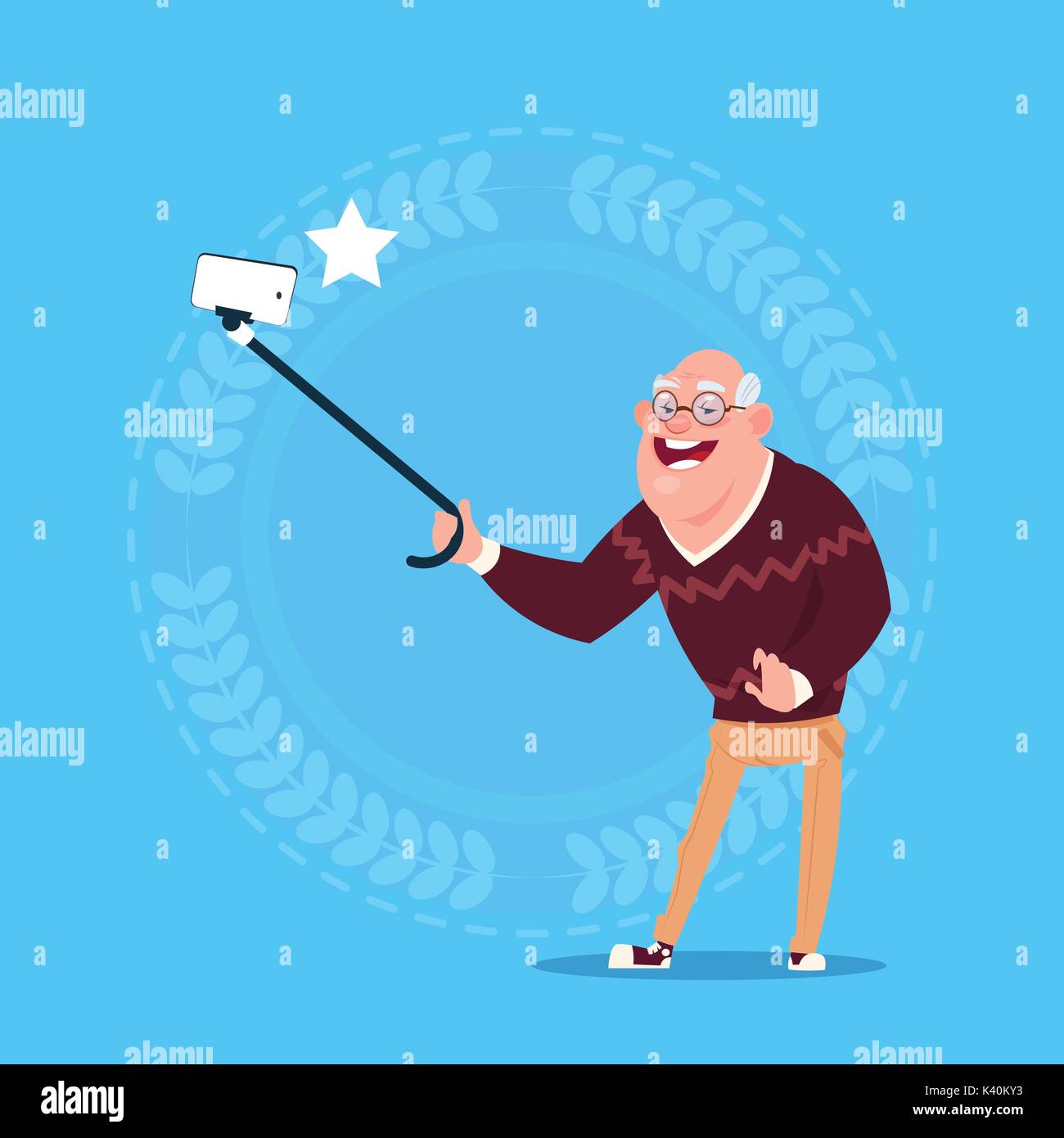 Senior uomo prendendo Selfie foto con auto-Stick nonno a piena lunghezza Illustrazione Vettoriale