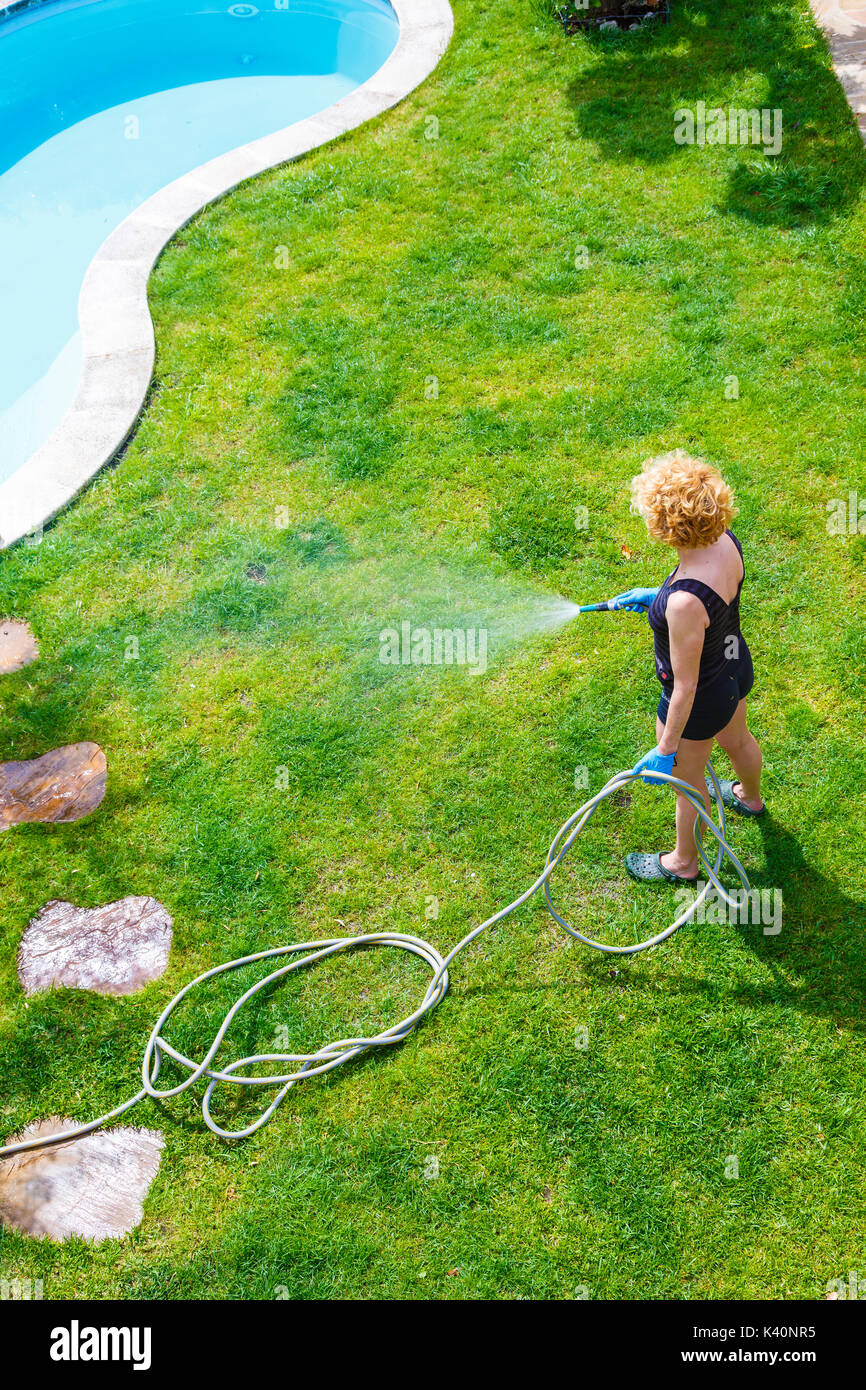 Donna irrigare un giardino. Foto Stock