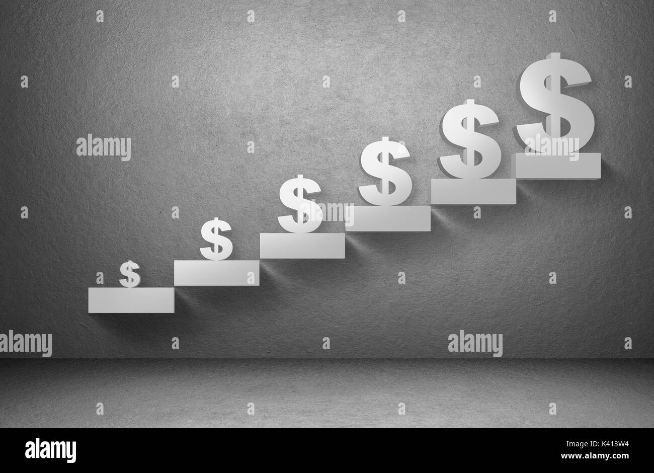 Dollaro valuta il denaro a segno da piccole a grandi dimensioni su scala su uno sfondo grigio, la concezione di business Foto Stock