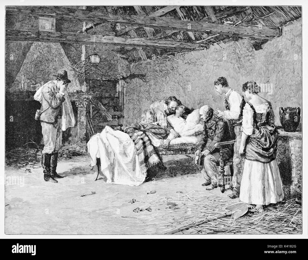 Antica donna sul letto morente abbracciato dal marito. Anita morte nel Marchese' fattoria Guiccioli con Garibaldi accanto a lei. Da E. Matania, su Garibaldi e i suoi tempi, Milano, Italia 1884 Foto Stock