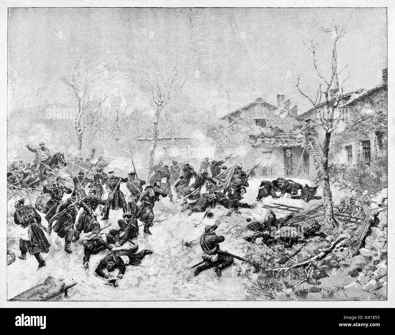 Violenta battaglia in inverno su un nevicato Battlefield vicino a una città antica. Battaglia di Digione nel 1871 dalle truppe guidate da Garibaldi. Da E. Matania su Garibaldi e i suoi tempi Milano Italia 1884 Battaglia di Digione Foto Stock