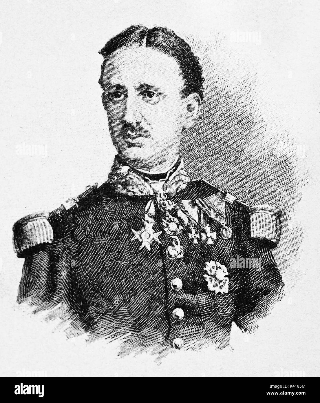 Busto antico ritratto di Francesco II delle Due Sicilie (1836 - 1894) nel suo re uniforme. Da E. Matania pubblicato su Garibaldi e i suoi tempi Milano Italia 1884 Foto Stock