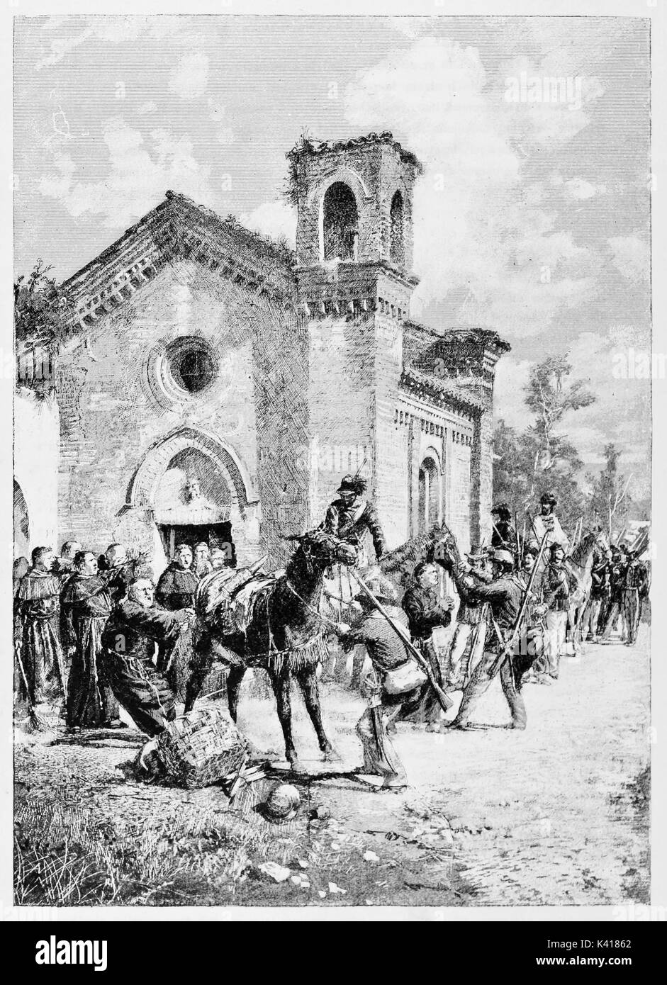 Antica soldati con i loro cavalli in appoggio in prossimità di una chiesa di campagna. I garibaldini a Rieti. Da E. Matania pubblicato su Garibaldi e i suoi tempi Milano Italia 1884 Foto Stock