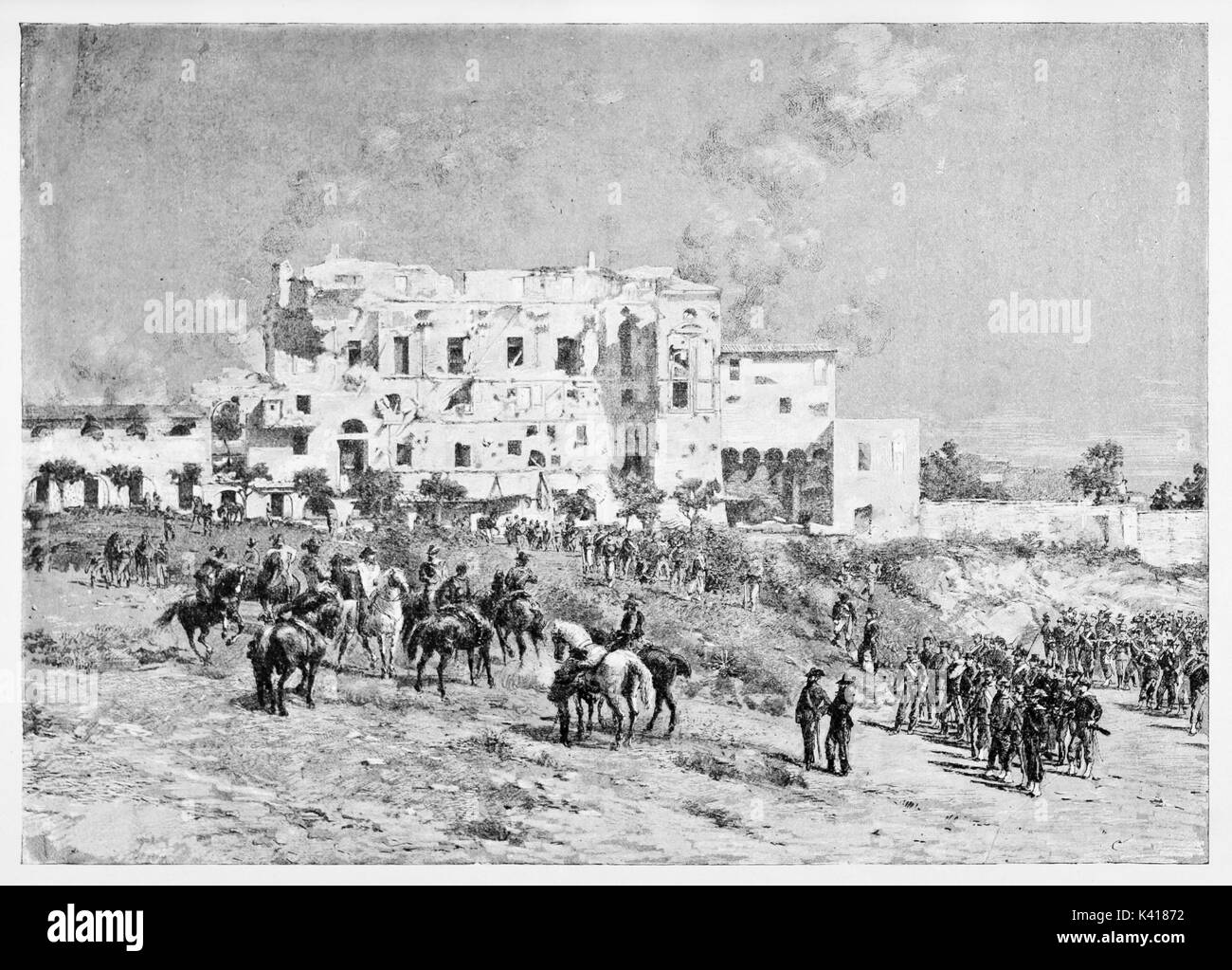 Antico edificio su una campagna e un esercito di fronte ad esso. Villa Savorelli Garibaldi presso la sede centrale 1849. Da E. Matania pubblicato su Garibaldi e i suoi tempi Milano Italia 1884 Foto Stock