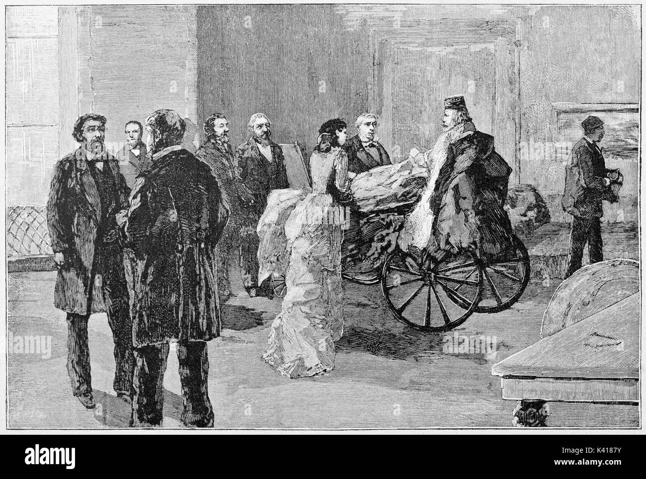 Antico popolo in un contesto indoor. Garibaldi nella sua camera su una sedia a rotelle a parlare con altri popoli. Da E. Matania pubblicato su Garibaldi e i suoi tempi Milano Italia 1884 Garibaldi a Napoli quater Foto Stock