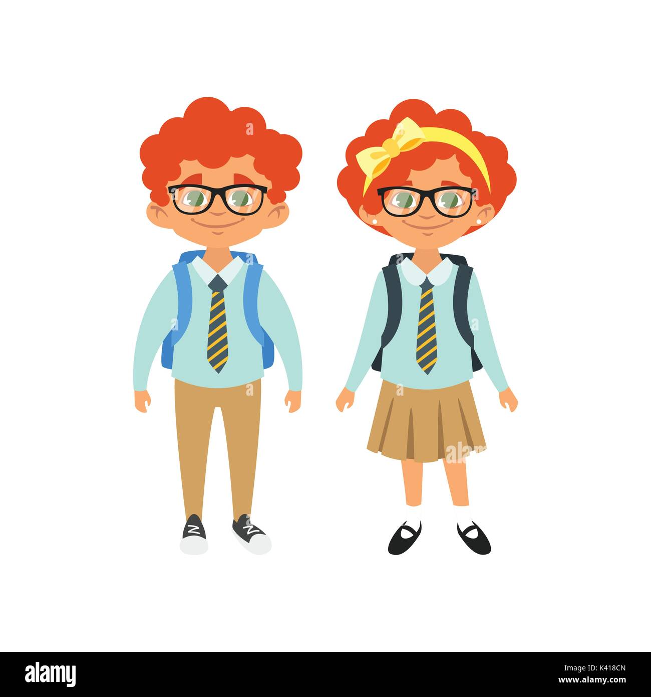 Vector cartoni stile scuola caratteri: capelli rossi un ragazzo e una ragazza in uniforme scolastica. Isolato su sfondo bianco. Illustrazione Vettoriale