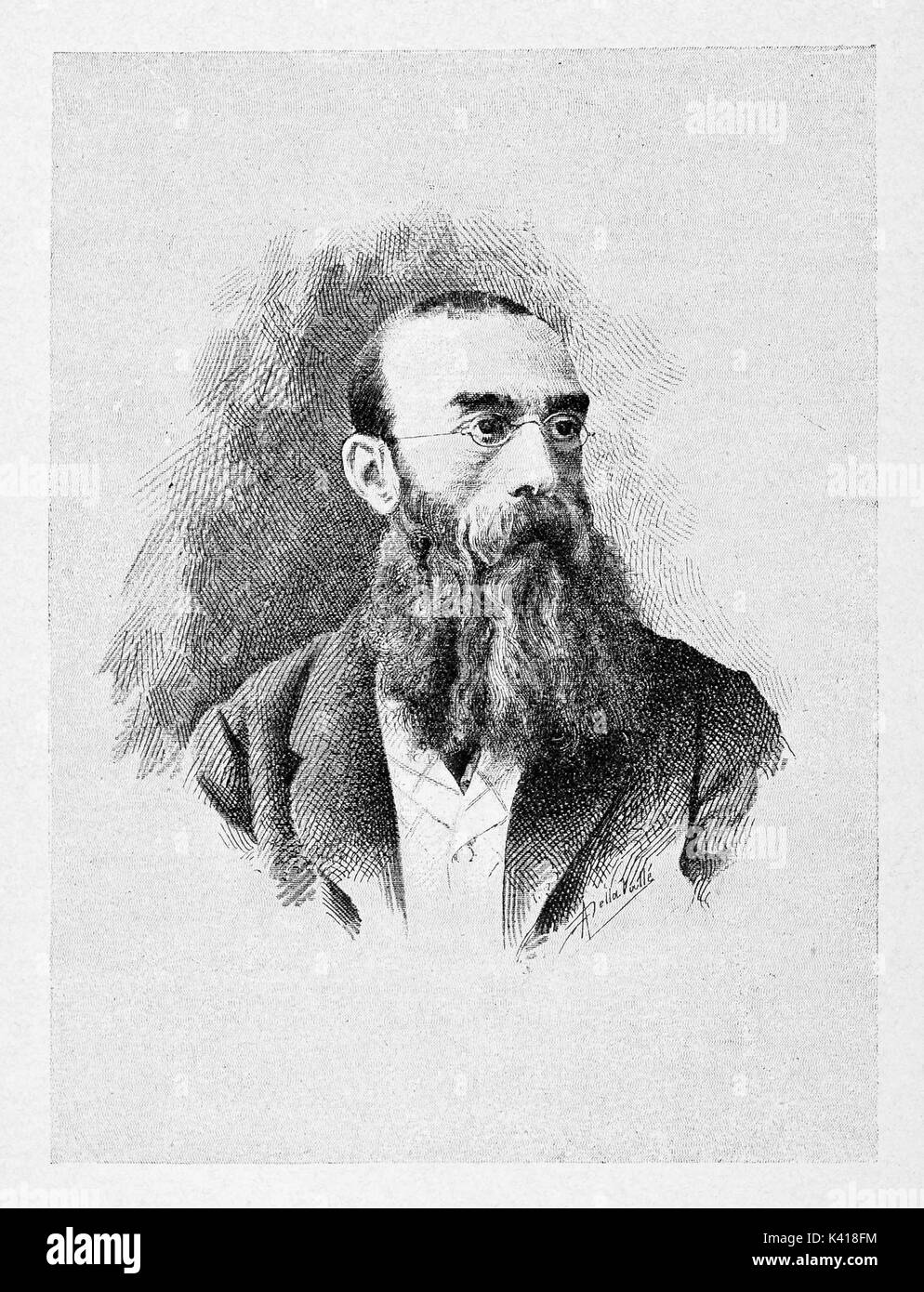 Antico ritratto di un uomo alla ricerca intellettuale con la sua barba lunga e piccoli bicchieri. Antonio Mosto (1834 - 1880) patriota italiano. Da E. Matania su Garibaldi e i suoi tempi Milano Italia 1884 Foto Stock