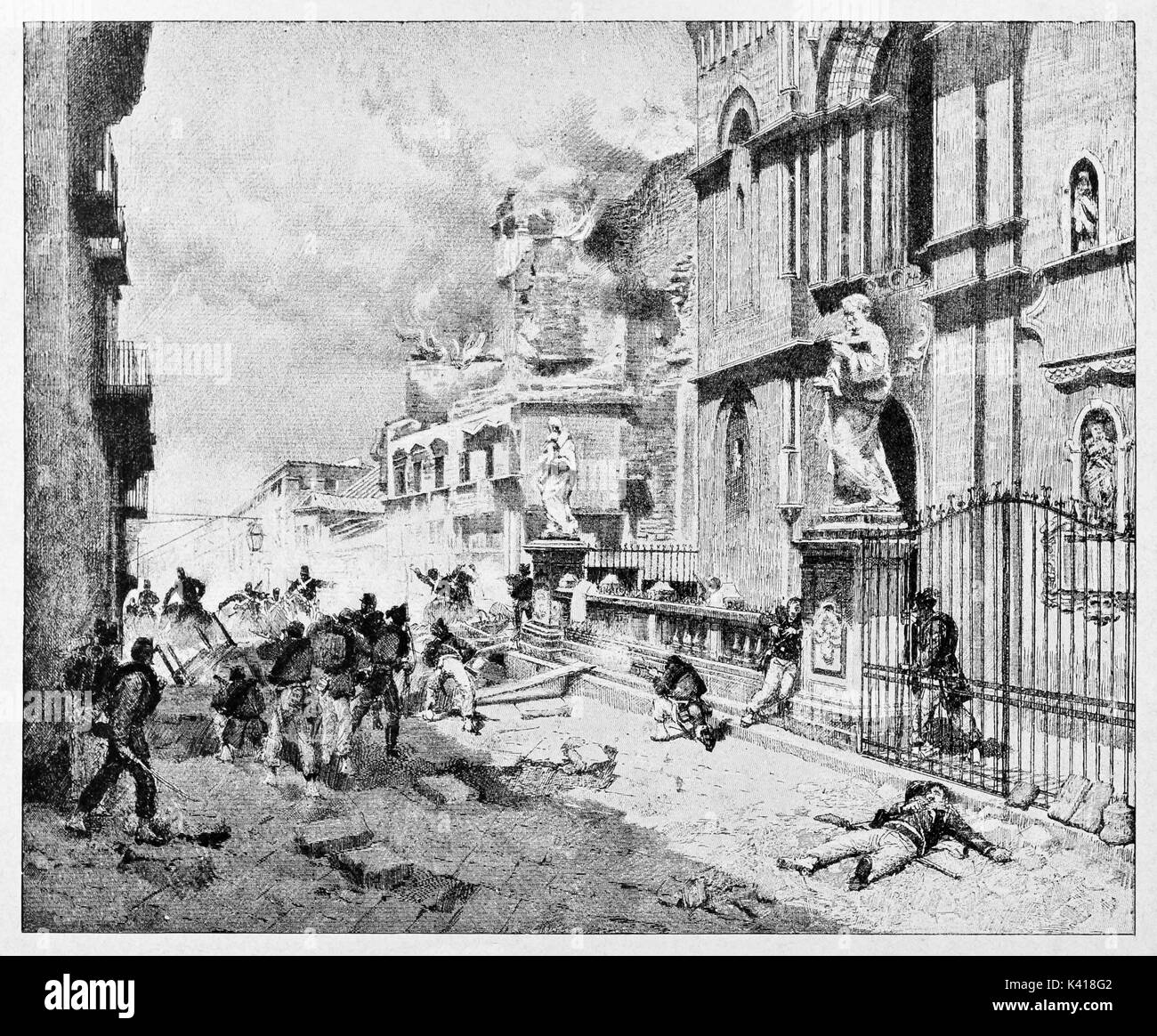 Antica Urban Warfare attraverso strade di Palermo. Palermo bombardamenti durante l' insurrezione di Garibaldi arrivo. Da E. Matania pubblicato su Garibaldi e i suoi tempi Milano Italia 1884 Foto Stock