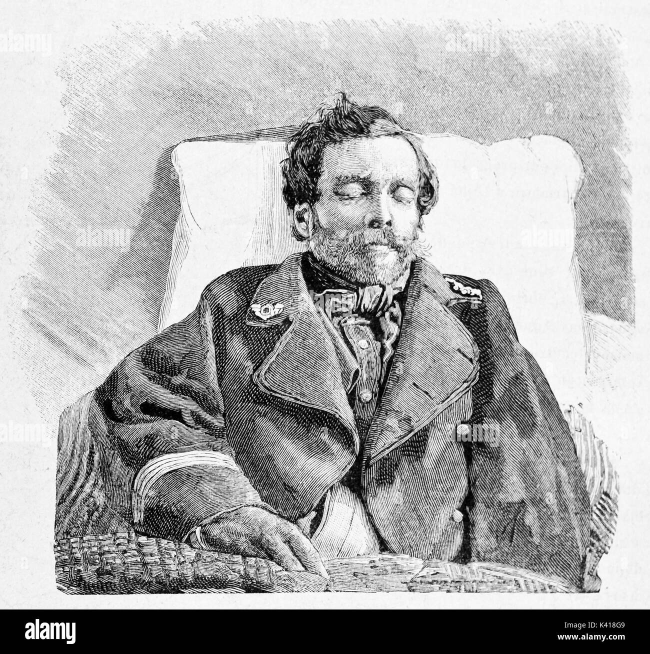 Antico ritratto di una giovane ragazzo dormire vestito con un cuscino sul dorso. Luigi Perla (1839 - 1871) esercito italiano e patriota. Da E. Matania pubblicato su Garibaldi e i suoi tempi Milano Italia 1884 Foto Stock