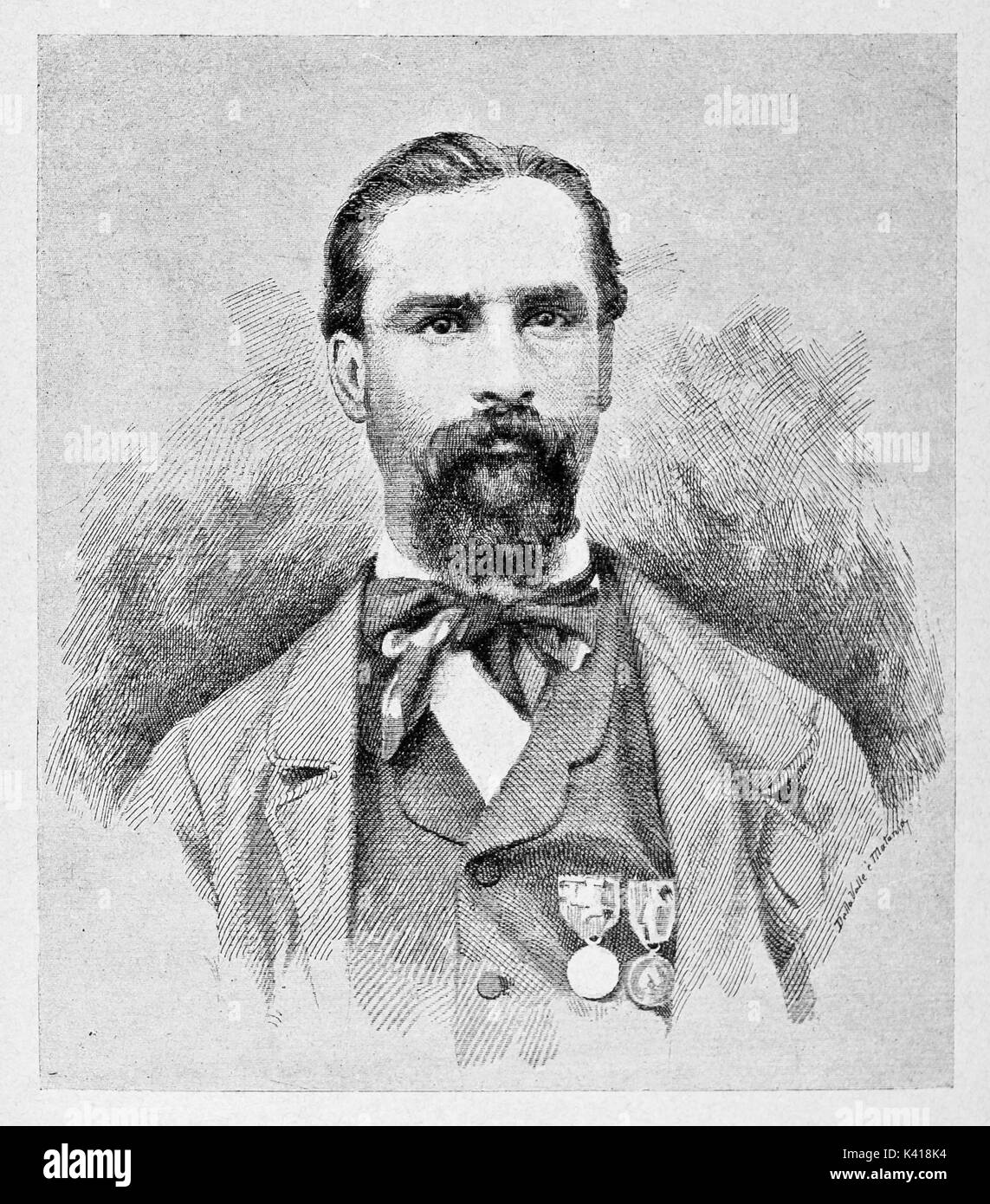 Antico ritratto di una giovane elegante uomo con i baffi e barba indossando un bow tie e due medaglie. Livio Zambeccari (1802 - 1862) patriota italiano. Da E. Matania su Garibaldi e i suoi tempi 1884 Foto Stock
