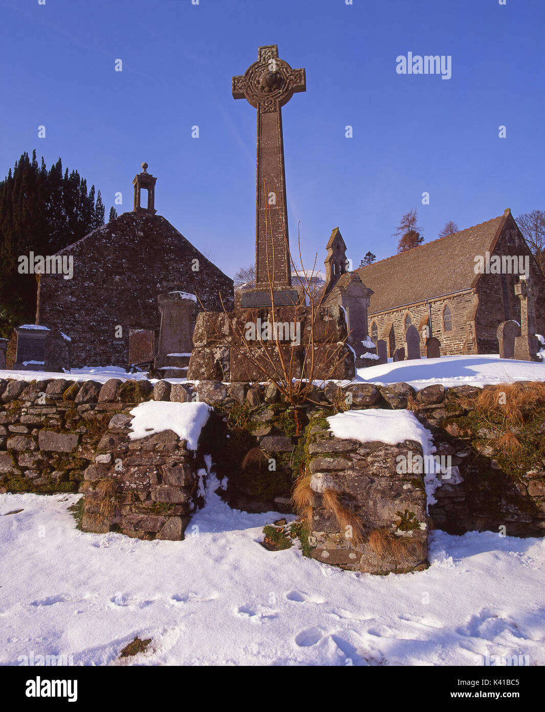Vista invernale di Balquhidder Church dove Rob Roys tomba si trova, Stirling, Trossachs Foto Stock
