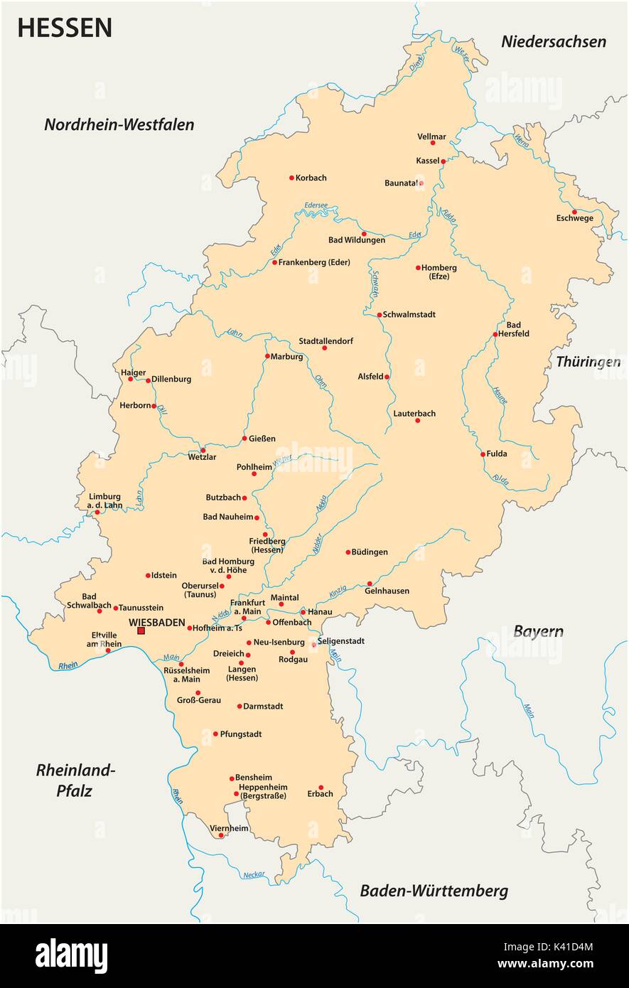 Stato di Hesse mappa vettoriale in lingua tedesca Illustrazione Vettoriale